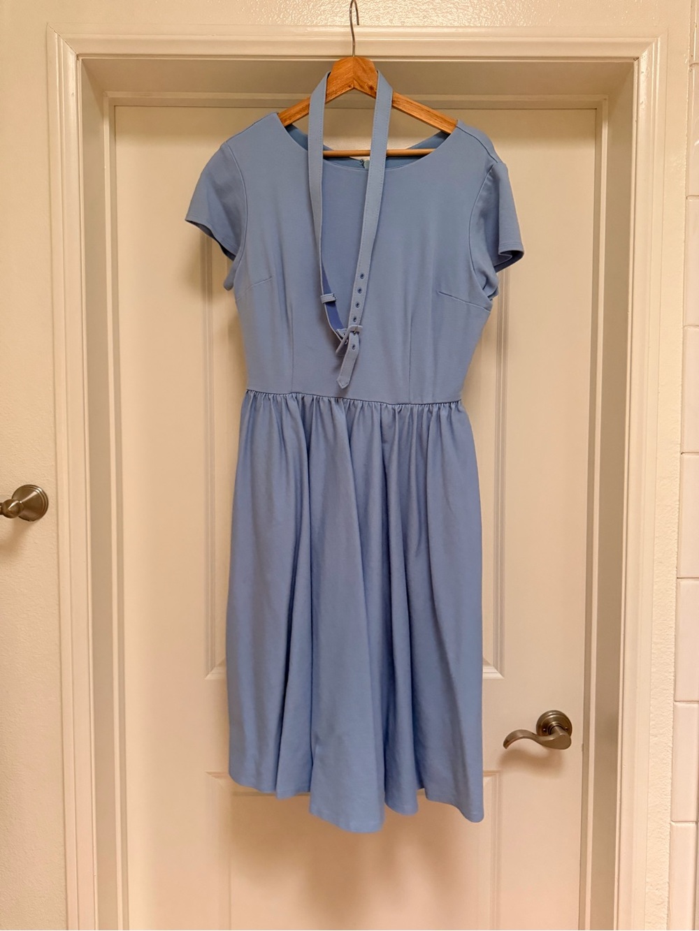 Vixen by Micheline Pitt Powder Blue Short-Sleeve Gathered Waist Dress